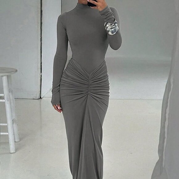 Grey Elegant Women's Ruffled Crew Neck Long Sleeve Fitted Dress - Picture 1 of 4